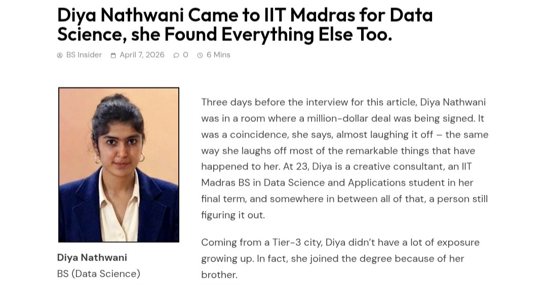 BS Insider article: Diya Nathwani Came to IIT Madras for Data Science, she Found Everything Else Too